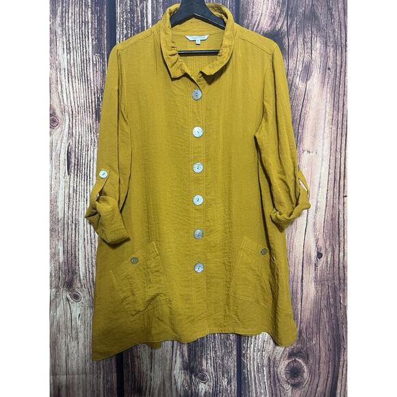 John Mark Yellow Tunic Top Blouse M 3/4 Sleeve Lagenlook Buttons - Picture 1 of 10